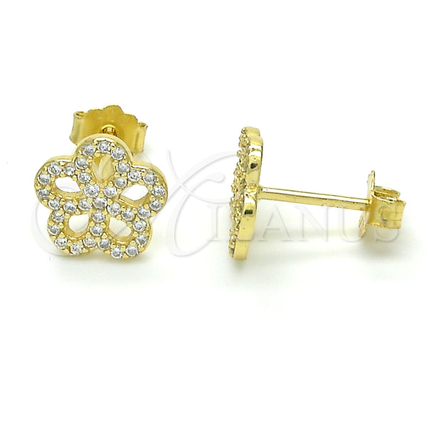 Arete Dormilona 02.174.0084 Plata Rodinada, Diseño de Flor, con Micro Pave Blanca, Pulido, Tono Dorado