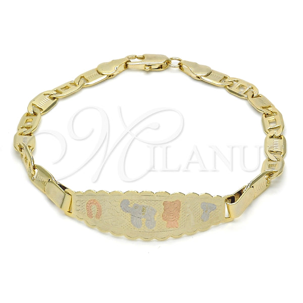 Pulsera con Placa 03.63.1932.1.07 Oro Laminado, Diseño de Elefante y Búho, Pulido, Tres Tonos (05 MM Thickness, 7 Inches Length)