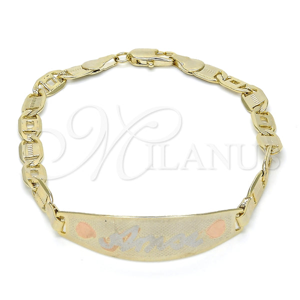 Pulsera con Placa 03.63.1935.1.07 Oro Laminado, Diseño de Corazón, Pulido, Tres Tonos (05 MM Thickness, 7 Inches Length)