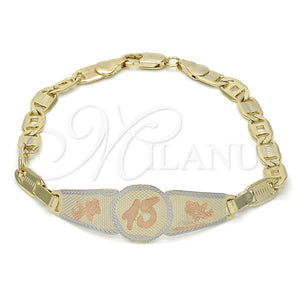 Pulsera con Placa 03.63.1938.1.07 Oro Laminado, Diseño de Flor, Pulido, Tres Tonos (05 MM Thickness, 7 Inches Length)