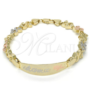 Pulsera con Placa 03.63.1941.1.08 Oro Laminado, Diseño de Flor y Corazón, Pulido, Tres Tonos (08 MM Thickness, 8 Inches Length)
