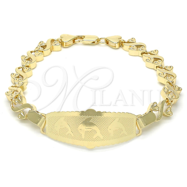 Pulsera con Placa 03.63.1945.08 Oro Laminado, Diseño de Delfín y Corazón, Pulido, Tono Dorado (08 MM Thickness, 8 Inches Length)