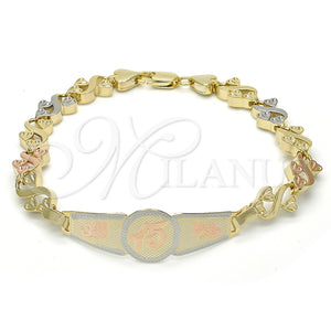 Pulsera con Placa 03.63.1947.1.08 Oro Laminado, Diseño de Flor y Corazón, Pulido, Tres Tonos (08 MM Thickness, 8 Inches Length)