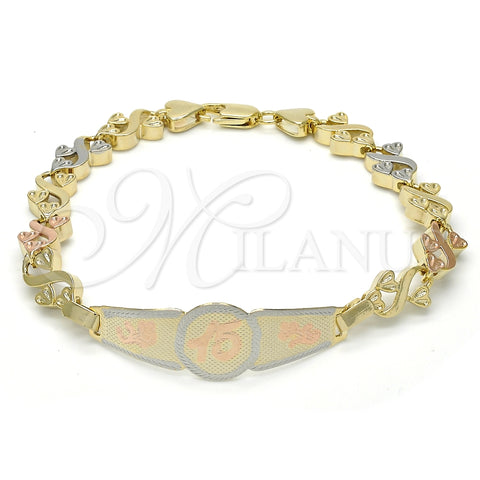 Pulsera con Placa 03.63.1947.1.08 Oro Laminado, Diseño de Flor y Corazón, Pulido, Tres Tonos (08 MM Thickness, 8 Inches Length)