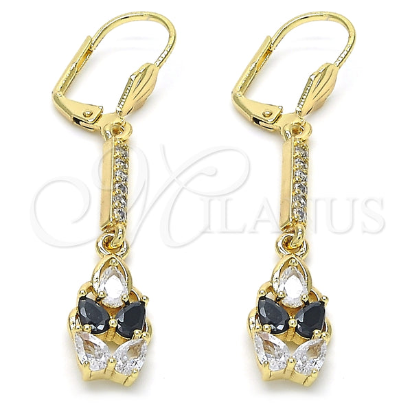 Arete Largo 02.210.0206.1 Oro Laminado, Diseño de Gota, con Negro and Blanca Zirconia Cubica, Pulido, Tono Dorado