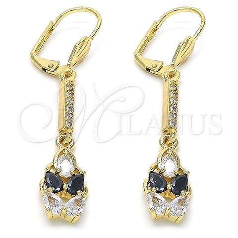 Arete Largo 02.210.0206.1 Oro Laminado, Diseño de Gota, con Negro and Blanca Zirconia Cubica, Pulido, Tono Dorado