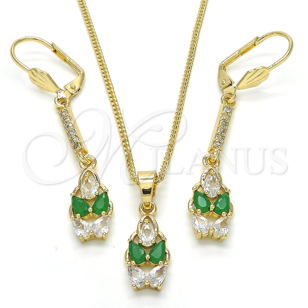 Juego de Arete y Dije de Adulto 10.210.0085 Oro Laminado, Diseño de Gota, con Verde and Blanca Zirconia Cubica, Pulido, Tono Dorado