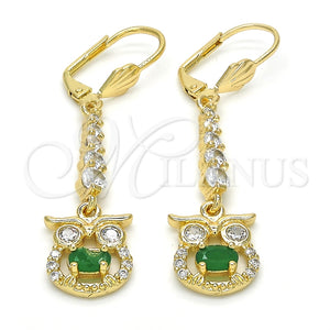 Arete Largo 02.210.0210.1 Oro Laminado, Diseño de Búho, con Verde and Blanca Zirconia Cubica, Pulido, Tono Dorado