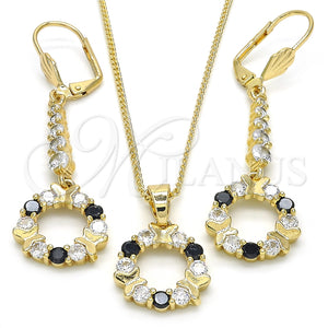 Juego de Arete y Dije de Adulto 10.210.0090.2 Oro Laminado, Diseño de Mariposa, con Negro and Blanca Zirconia Cubica, Pulido, Tono Dorado