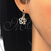 Arete Gancho Frances 02.210.0214 Oro Laminado, Diseño de Flor y Baguette, con Blanca Zirconia Cubica, Pulido, Tono Dorado