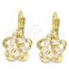 Arete Gancho Frances 02.210.0214 Oro Laminado, Diseño de Flor y Baguette, con Blanca Zirconia Cubica, Pulido, Tono Dorado