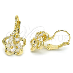 Arete Gancho Frances 02.210.0214 Oro Laminado, Diseño de Flor y Baguette, con Blanca Zirconia Cubica, Pulido, Tono Dorado