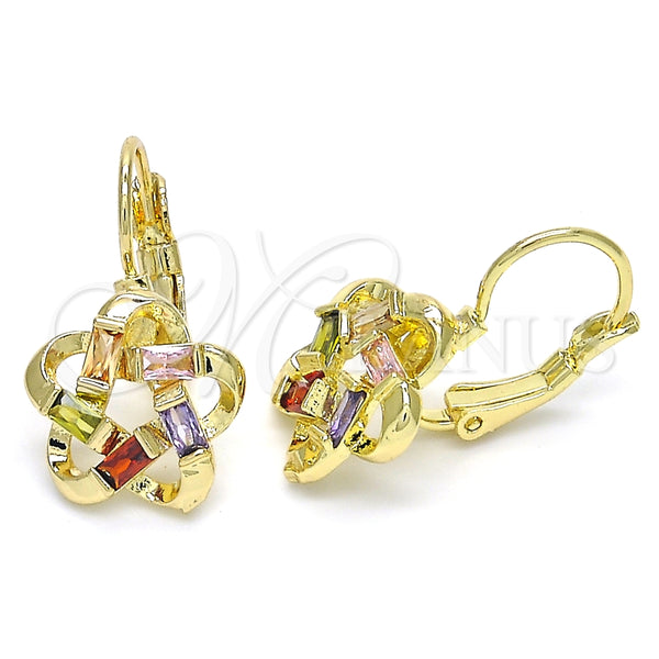 Arete Gancho Frances 02.210.0214.1 Oro Laminado, Diseño de Flor y Baguette, con Multicolor Zirconia Cubica, Pulido, Tono Dorado