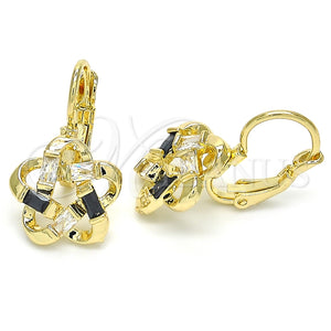 Arete Gancho Frances 02.210.0214.3 Oro Laminado, Diseño de Flor y Baguette, con Negro and Blanca Zirconia Cubica, Pulido, Tono Dorado