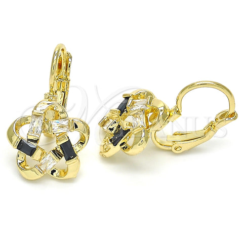 Arete Gancho Frances 02.210.0214.3 Oro Laminado, Diseño de Flor y Baguette, con Negro and Blanca Zirconia Cubica, Pulido, Tono Dorado