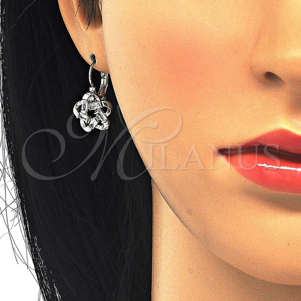 Arete Gancho Frances 02.210.0214.4 Rodio Laminado, Diseño de Flor y Baguette, con Zirconia Cubica Blanca, Pulido, Rodinado