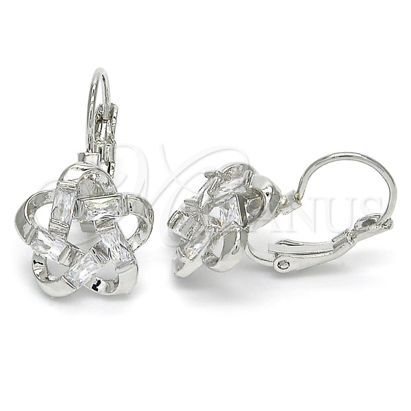 Arete Gancho Frances 02.210.0214.4 Rodio Laminado, Diseño de Flor y Baguette, con Zirconia Cubica Blanca, Pulido, Rodinado