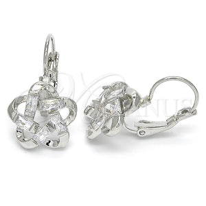 Arete Gancho Frances 02.210.0214.4 Rodio Laminado, Diseño de Flor y Baguette, con Zirconia Cubica Blanca, Pulido, Rodinado