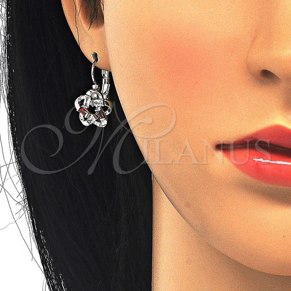 Arete Gancho Frances 02.210.0214.5 Rodio Laminado, Diseño de Flor y Baguette, con Zirconia Cubica Granate y Blanca, Pulido, Rodinado