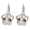 Arete Gancho Frances 02.210.0214.5 Rodio Laminado, Diseño de Flor y Baguette, con Zirconia Cubica Granate y Blanca, Pulido, Rodinado