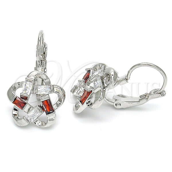 Arete Gancho Frances 02.210.0214.5 Rodio Laminado, Diseño de Flor y Baguette, con Zirconia Cubica Granate y Blanca, Pulido, Rodinado