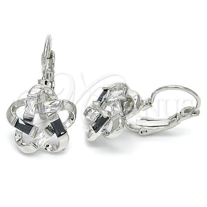 Arete Gancho Frances 02.210.0214.6 Rodio Laminado, Diseño de Flor y Baguette, con Zirconia Cubica Negro y Blanca, Pulido, Rodinado