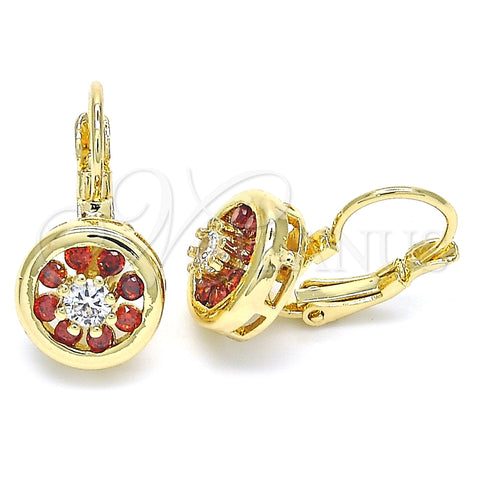 Arete Gancho Frances 02.210.0216.2 Oro Laminado, Diseño de Flor, con Granate and Blanca Zirconia Cubica, Pulido, Tono Dorado