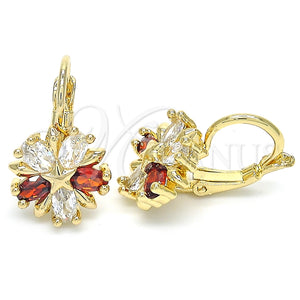 Arete Gancho Frances 02.210.0218.2 Oro Laminado, Diseño de Flor y Estrella, con Granate and Blanca Zirconia Cubica, Pulido, Tono Dorado