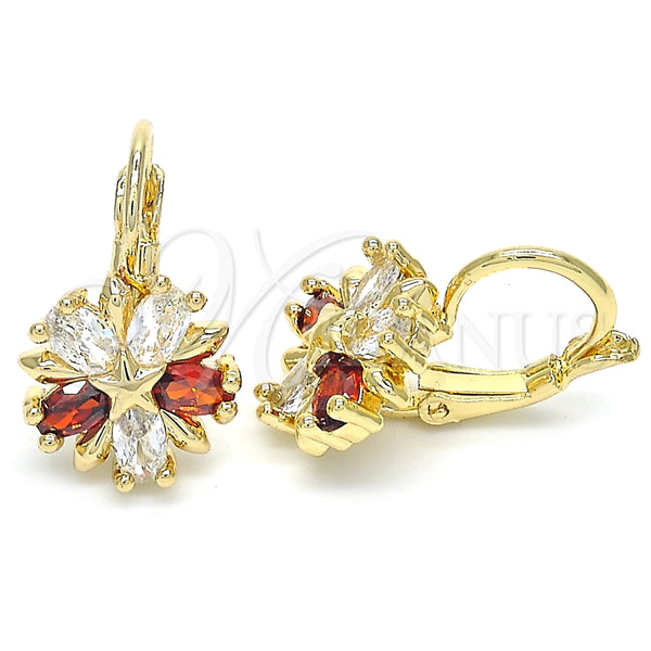 Arete Gancho Frances 02.210.0218.2 Oro Laminado, Diseño de Flor y Estrella, con Granate and Blanca Zirconia Cubica, Pulido, Tono Dorado
