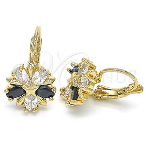 Arete Gancho Frances 02.210.0218.3 Oro Laminado, Diseño de Flor y Estrella, con Negro and Blanca Zirconia Cubica, Pulido, Tono Dorado