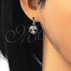 Arete Gancho Frances 02.210.0218.6 Rodio Laminado, Diseño de Flor y Estrella, con Negro and Blanca Zirconia Cubica, Pulido, Rodinado