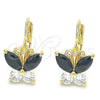 Arete Gancho Frances 02.210.0220.3 Oro Laminado, Diseño de Mariposa, con Negro and Blanca Zirconia Cubica, Pulido, Tono Dorado