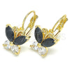 Arete Gancho Frances 02.210.0220.3 Oro Laminado, Diseño de Mariposa, con Negro and Blanca Zirconia Cubica, Pulido, Tono Dorado