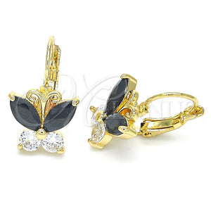 Arete Gancho Frances 02.210.0220.3 Oro Laminado, Diseño de Mariposa, con Negro and Blanca Zirconia Cubica, Pulido, Tono Dorado