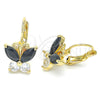 Arete Gancho Frances 02.210.0220.3 Oro Laminado, Diseño de Mariposa, con Negro and Blanca Zirconia Cubica, Pulido, Tono Dorado