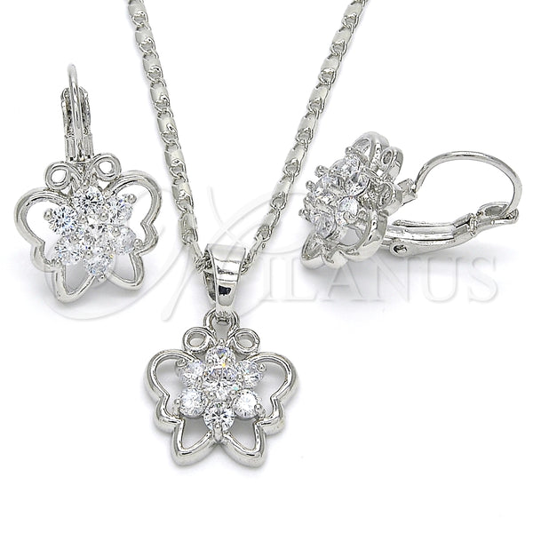 Juego de Arete y Dije de Adulto 10.210.0100.4 Rodio Laminado, Diseño de Mariposa y Flor, con Zirconia Cubica Blanca, Pulido, Rodinado