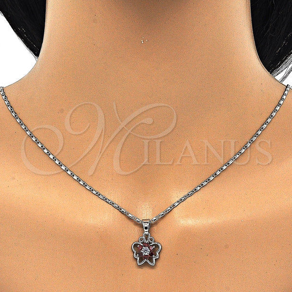 Juego de Arete y Dije de Adulto 10.210.0100.5 Rodio Laminado, Diseño de Mariposa y Flor, con Zirconia Cubica Granate y Blanca, Pulido, Rodinado