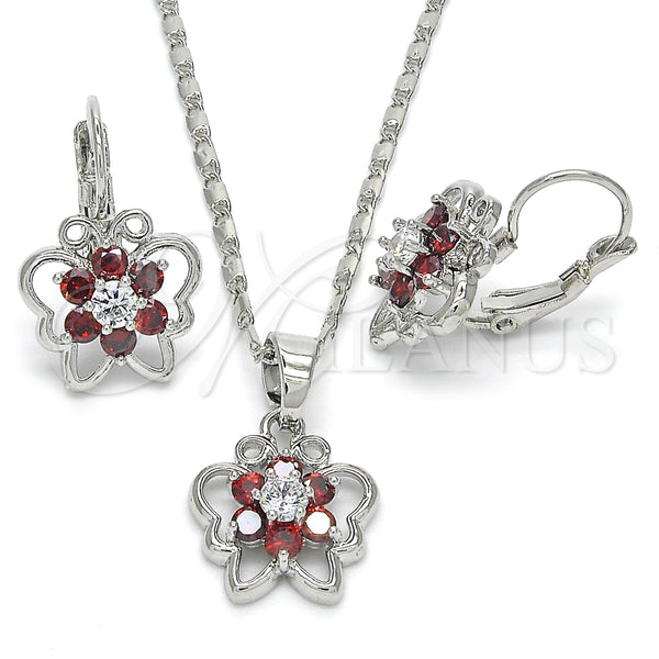 Juego de Arete y Dije de Adulto 10.210.0100.5 Rodio Laminado, Diseño de Mariposa y Flor, con Zirconia Cubica Granate y Blanca, Pulido, Rodinado