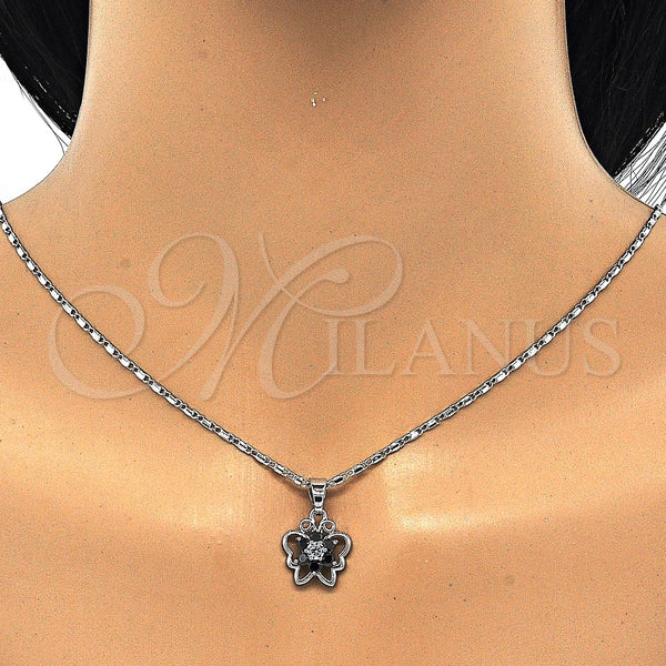 Juego de Arete y Dije de Adulto 10.210.0100.6 Rodio Laminado, Diseño de Mariposa y Flor, con Zirconia Cubica Negro y Blanca, Pulido, Rodinado