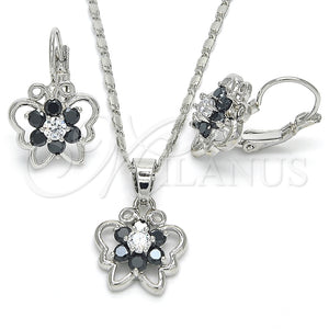 Juego de Arete y Dije de Adulto 10.210.0100.6 Rodio Laminado, Diseño de Mariposa y Flor, con Zirconia Cubica Negro y Blanca, Pulido, Rodinado