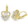 Arete Gancho Frances 02.210.0222 Oro Laminado, Diseño de Corazón, con Blanca Zirconia Cubica, Pulido, Tono Dorado
