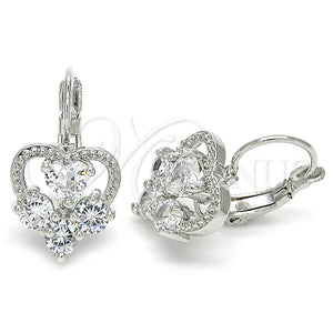 Arete Gancho Frances 02.210.0222.4 Rodio Laminado, Diseño de Corazón, con Zirconia Cubica Blanca, Pulido, Rodinado