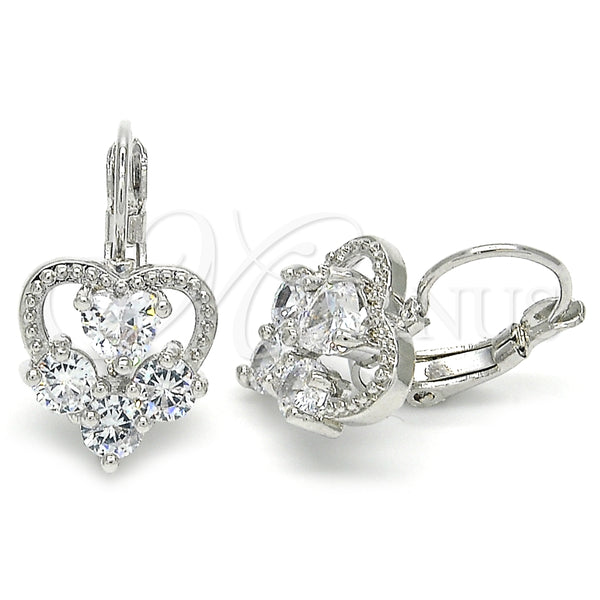 Arete Gancho Frances 02.210.0222.4 Rodio Laminado, Diseño de Corazón, con Zirconia Cubica Blanca, Pulido, Rodinado