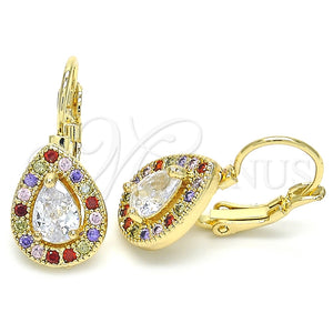 Arete Gancho Frances 02.210.0224.1 Oro Laminado, Diseño de Gota, con Multicolor Zirconia Cubica, Pulido, Tono Dorado