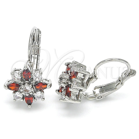 Arete Gancho Frances 02.210.0226.5 Rodio Laminado, Diseño de Flor, con Granate and Blanca Zirconia Cubica, Pulido, Rodinado