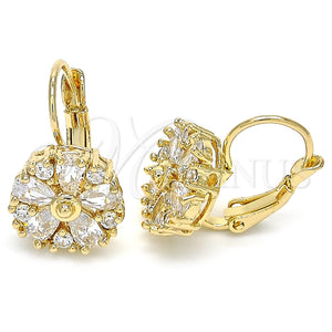 Arete Gancho Frances 02.210.0227 Oro Laminado, Diseño de Flor, con Blanca Zirconia Cubica, Pulido, Tono Dorado