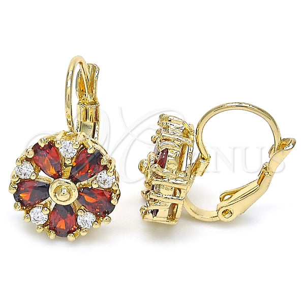 Arete Gancho Frances 02.210.0227.2 Oro Laminado, Diseño de Flor, con Granate and Blanca Zirconia Cubica, Pulido, Tono Dorado