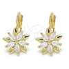 Arete Gancho Frances 02.210.0228 Oro Laminado, Diseño de Flor, con Blanca Zirconia Cubica, Pulido, Tono Dorado