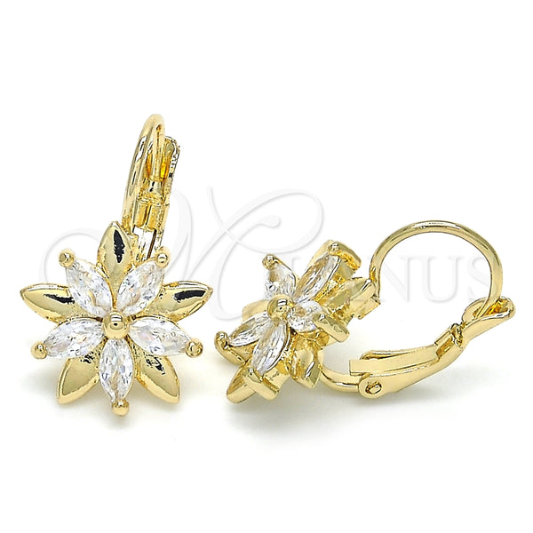 Arete Gancho Frances 02.210.0228 Oro Laminado, Diseño de Flor, con Blanca Zirconia Cubica, Pulido, Tono Dorado