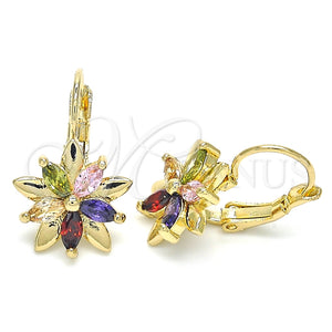 Arete Gancho Frances 02.210.0228.1 Oro Laminado, Diseño de Flor, con Multicolor Zirconia Cubica, Pulido, Tono Dorado